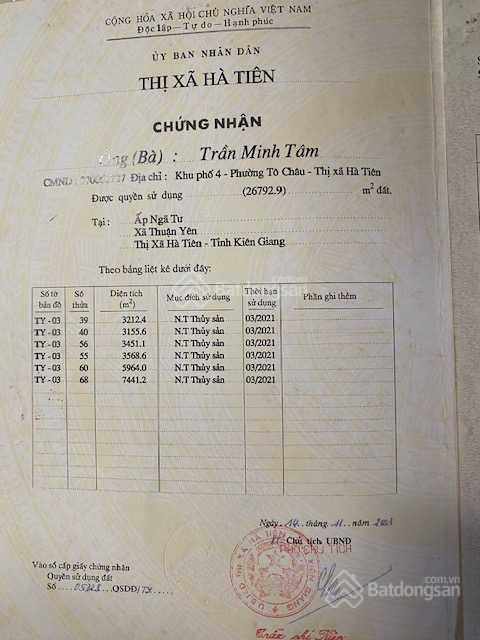 Cần bán gần 3 ha đất giá 390 nghìn/1 m2 tại thuận yên, hà tiên