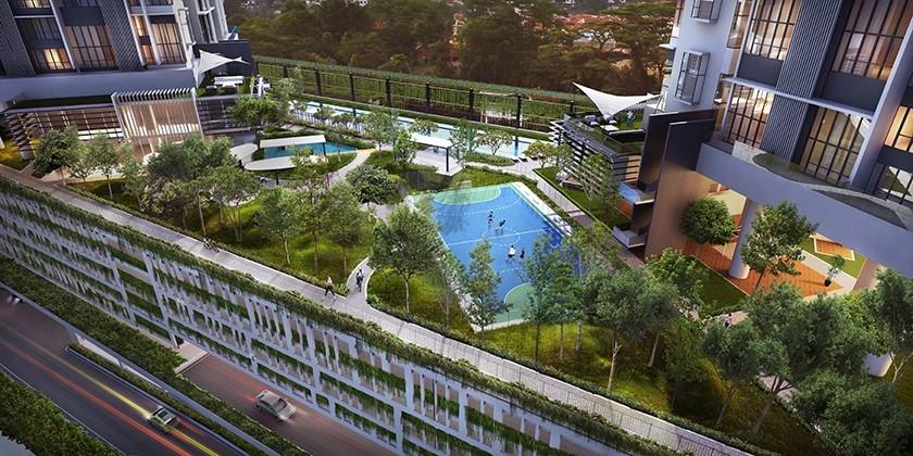 Chuỗi tiện ích trên tầng 5 của dự án với sân thể thao, bể bơi, vườn trên cao đẳng cấp